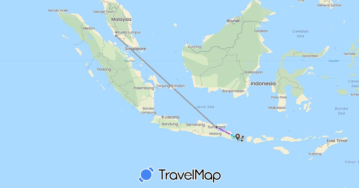 TravelMap itinerary: driving, bus, plane, train, boat, motorbike in Indonesia, Malaysia (Asia)
